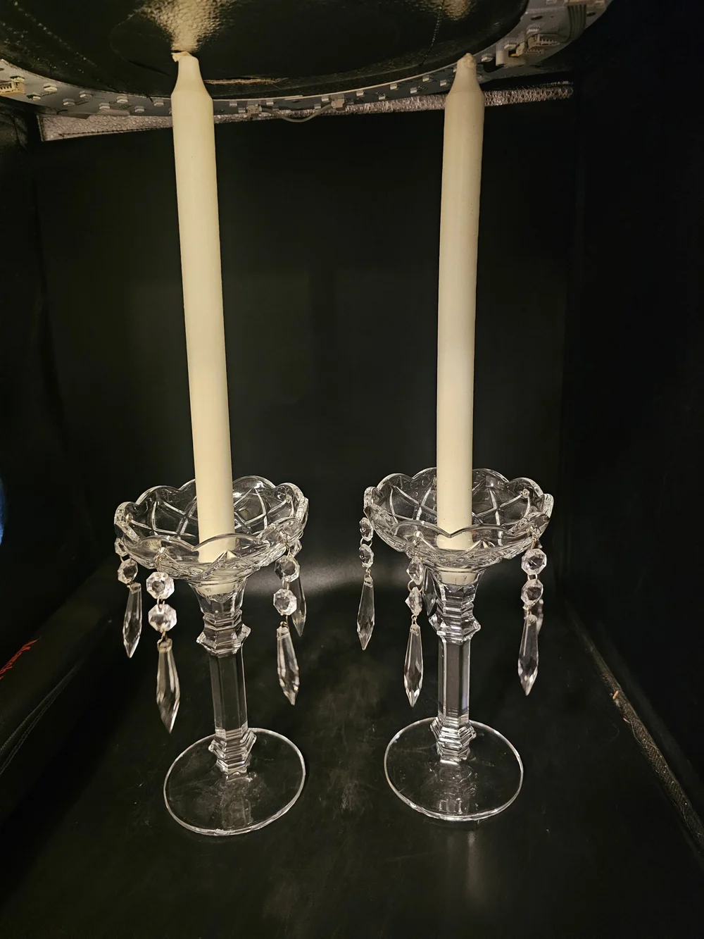 Unique Vintage Clear Crystal Candle Holders with Hanging Prisms